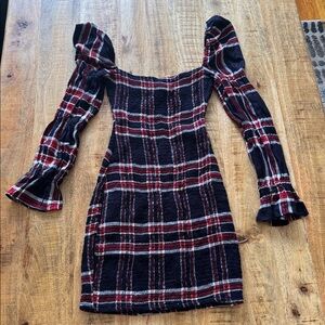 LIKELY Revolve Bartoul red Plaid Square Neck Mini Dress Elastic off shoulder 4